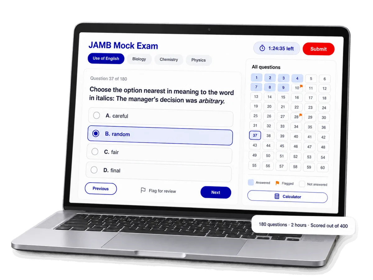 A JAMB CBT mock exam in progress on GRO Academy, with the timer and question grid